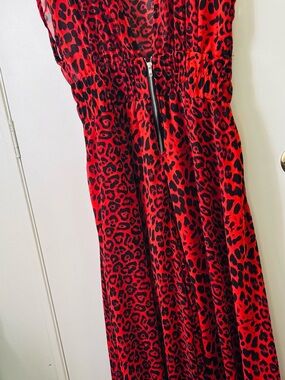 Red Leopard Print Straight-Leg Jumpsuit with Front Zip